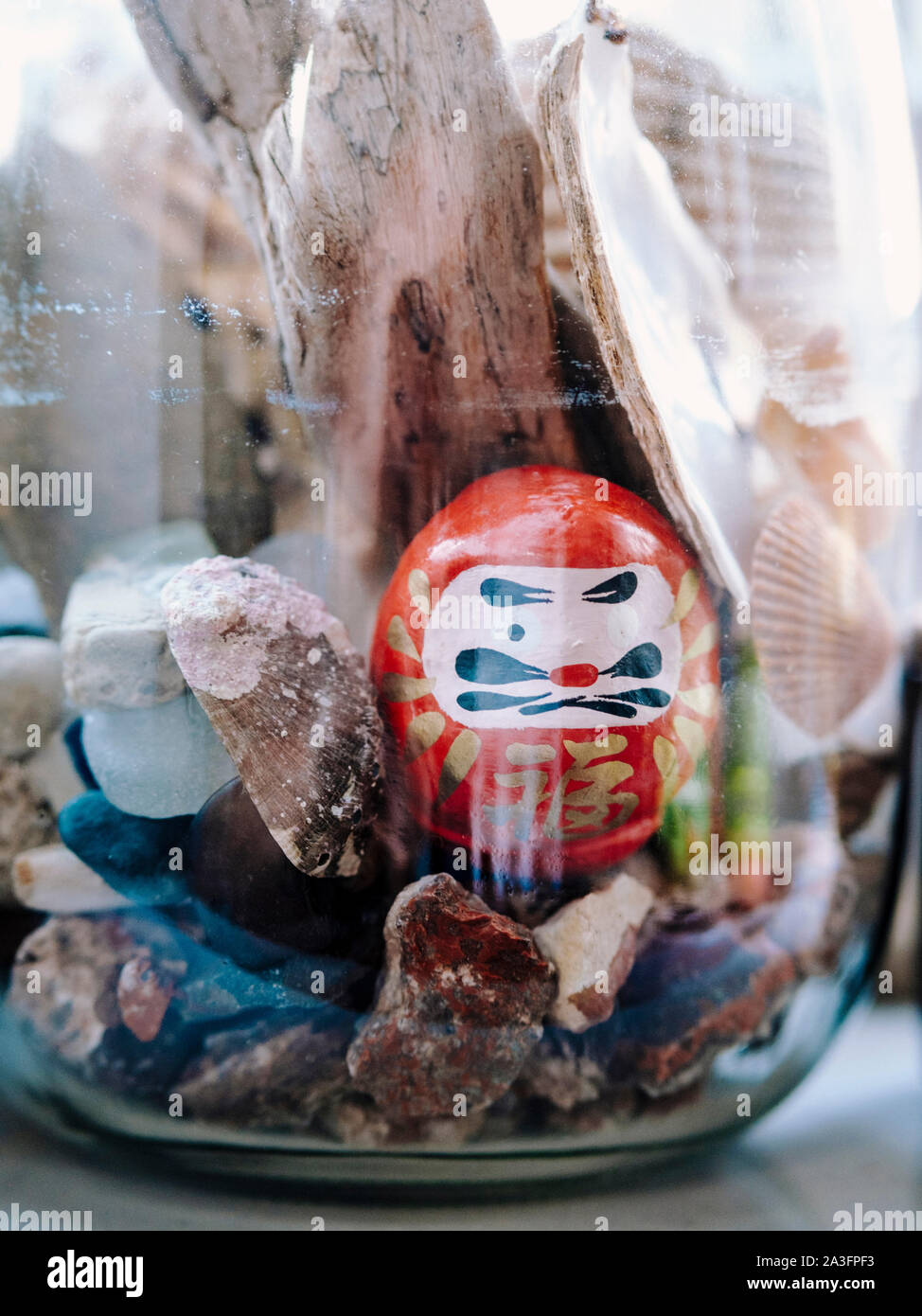 Home design : Écosphère avec jardin de pierres et de poupée daruma japonais Banque D'Images