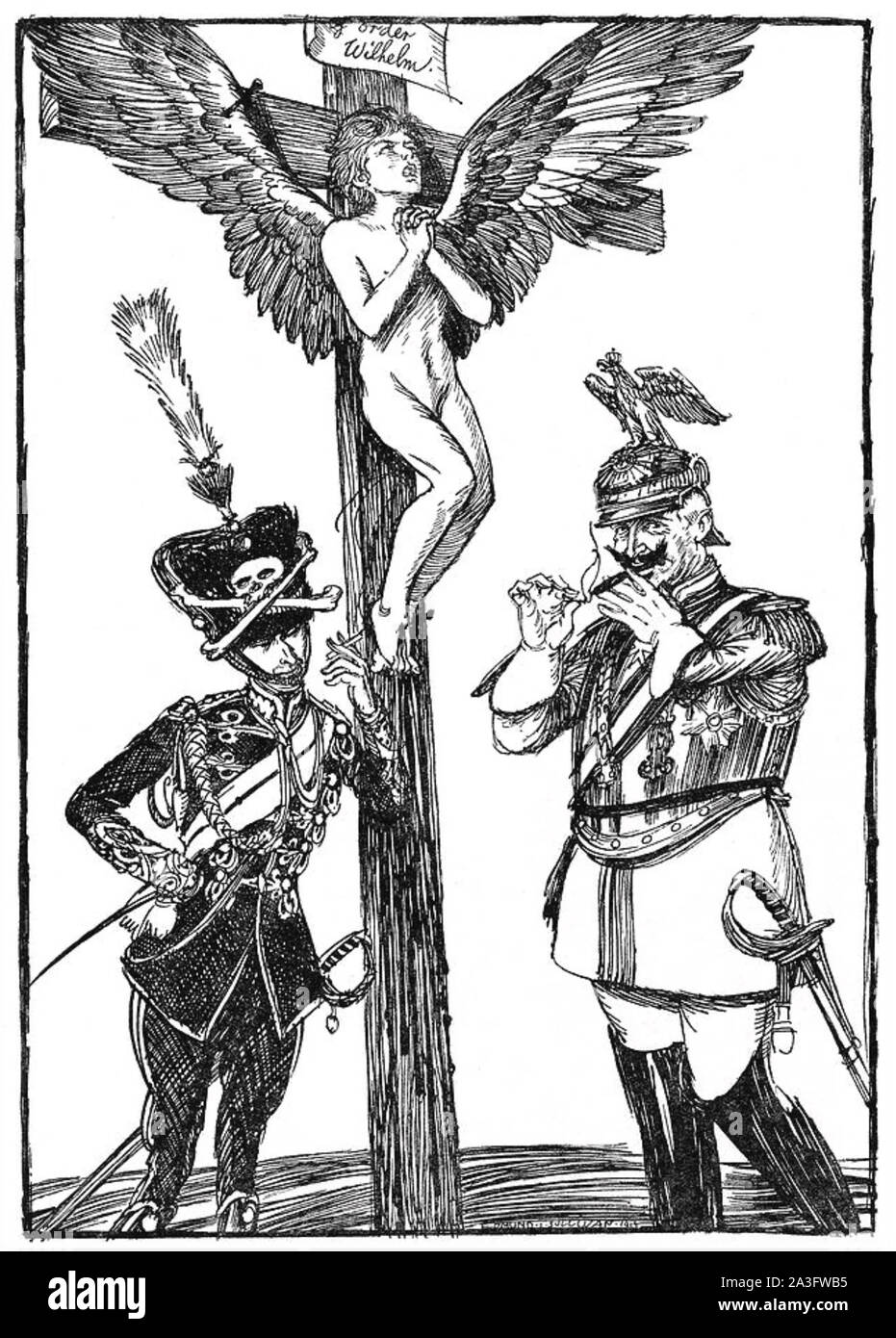 CRUCIFIXION DE LA BELGIQUE PAR L'Allemagne impériale. Première Guerre mondiale la propagande dans un magazine français. Banque D'Images