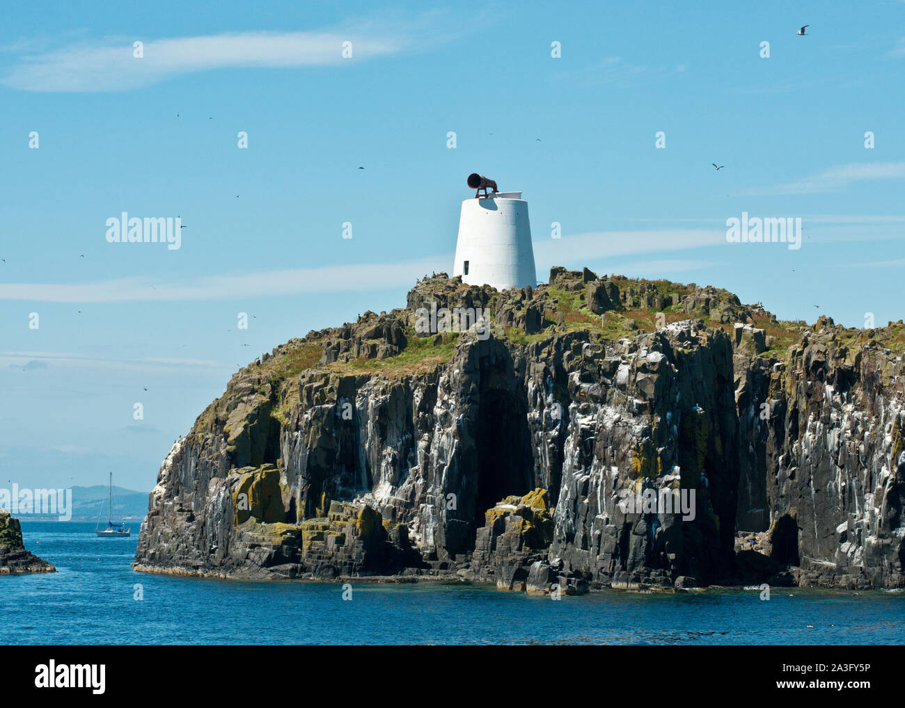 Corne de brume sur l'île de mai clifftop. Fife, Scotland Banque D'Images