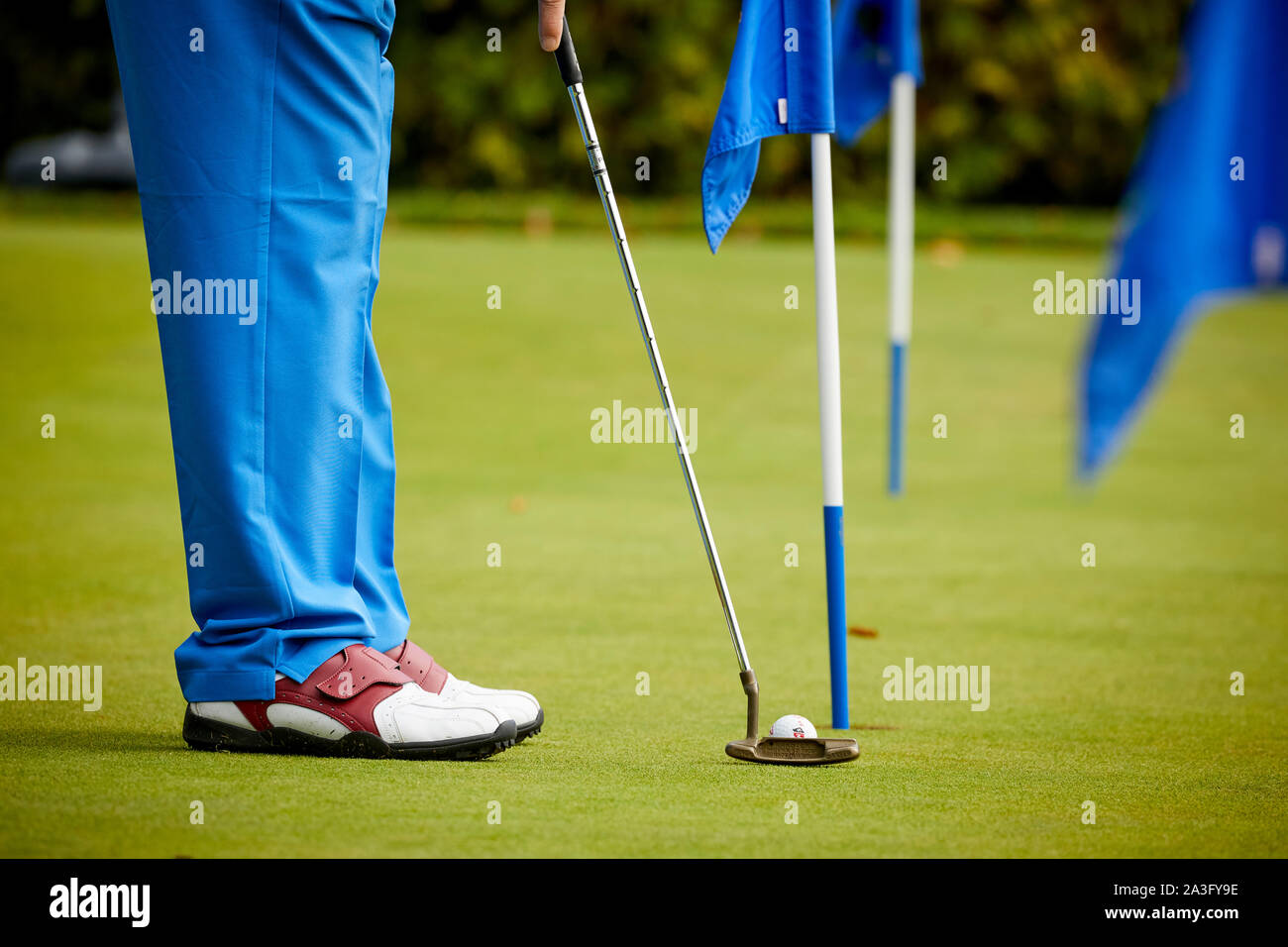 Golf jouer au golf sur le putting practice green Banque D'Images