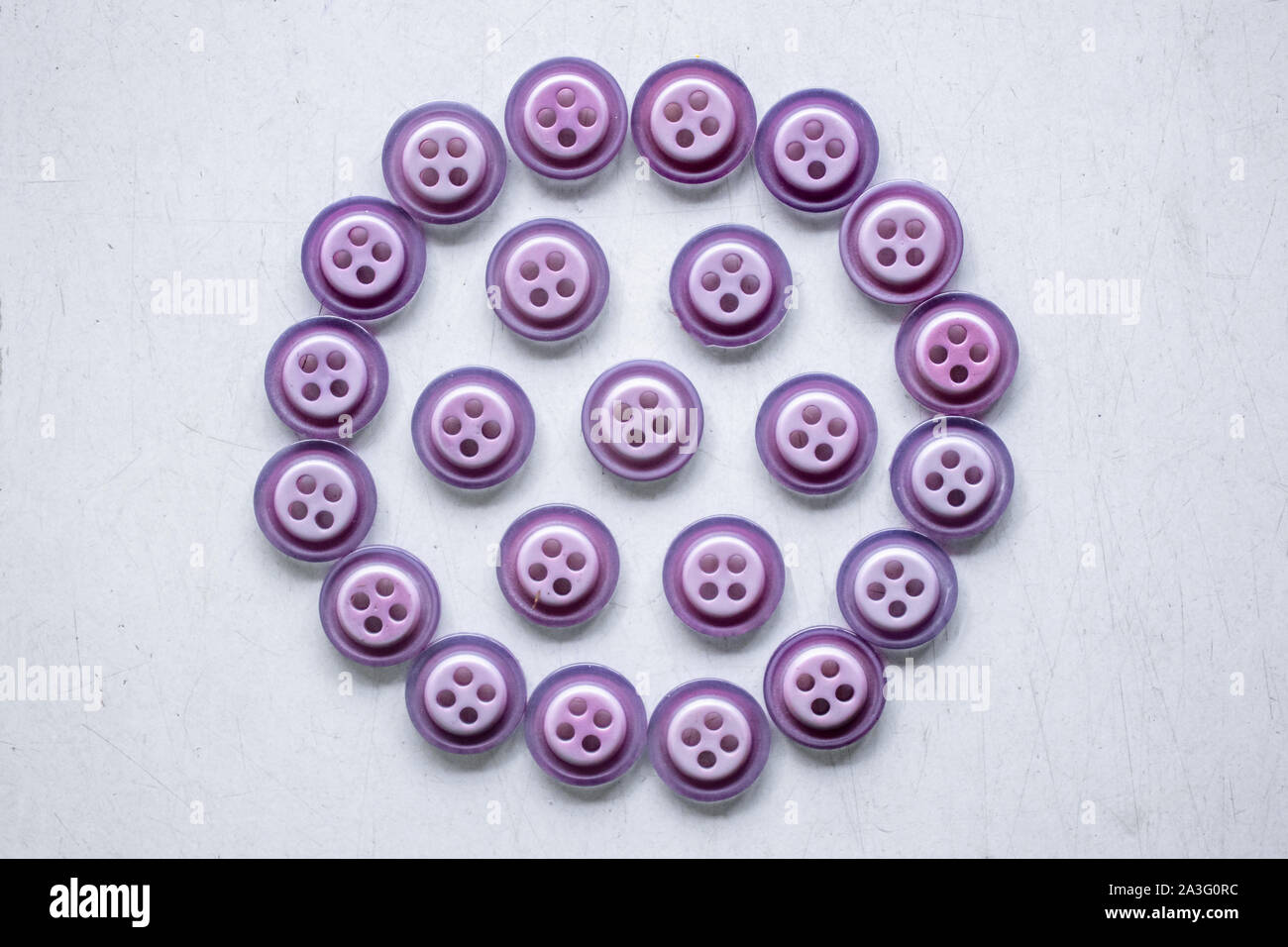 Boutons de couture violet isolé sur fond blanc. Banque D'Images