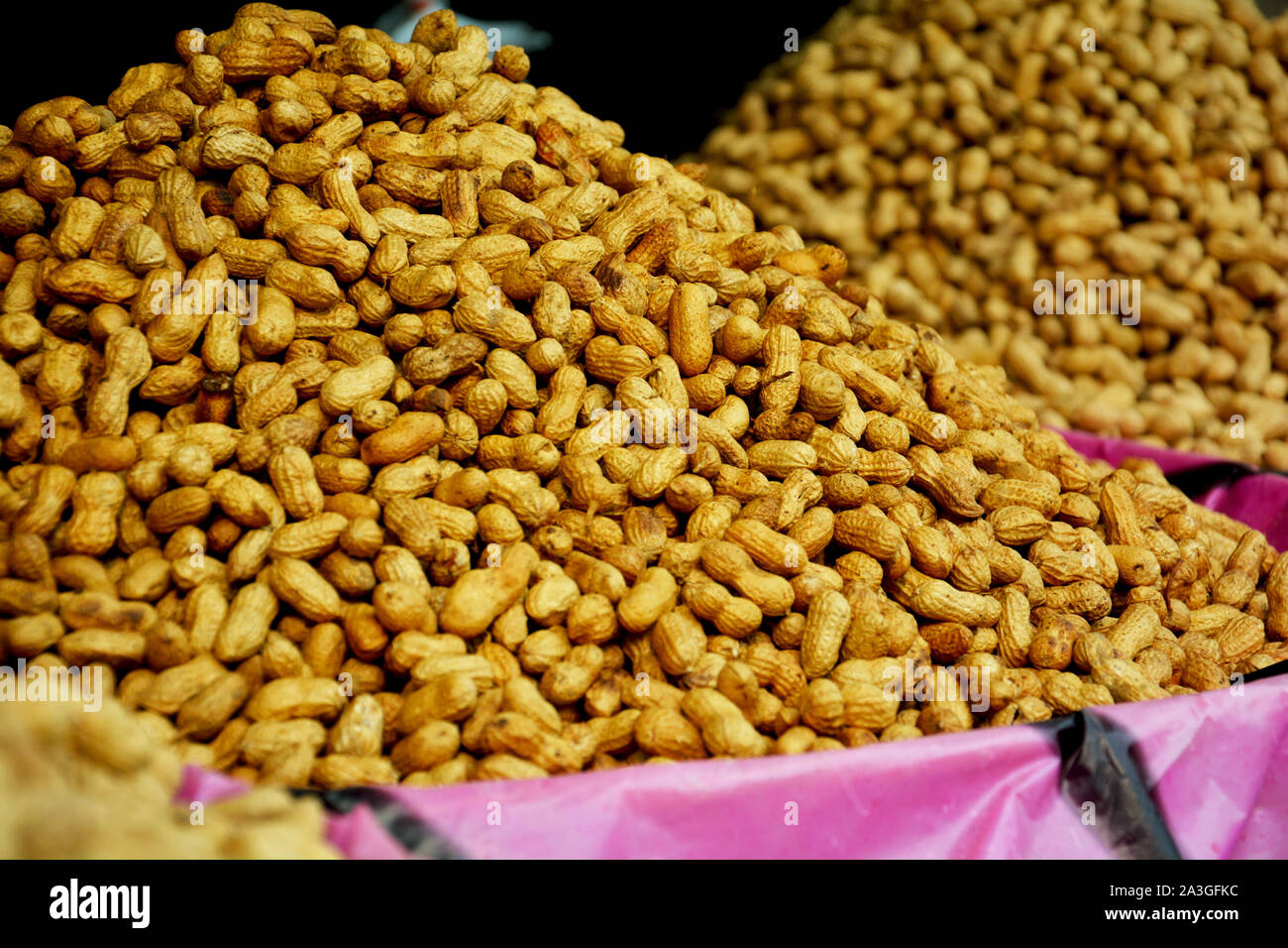 Tas de pelées, séchées et l'arachide, les cacahuètes grillées golden également connu sous le nom de goober ou monkey écrous avec coquillages classés comme Arachis hypogaea étant Banque D'Images