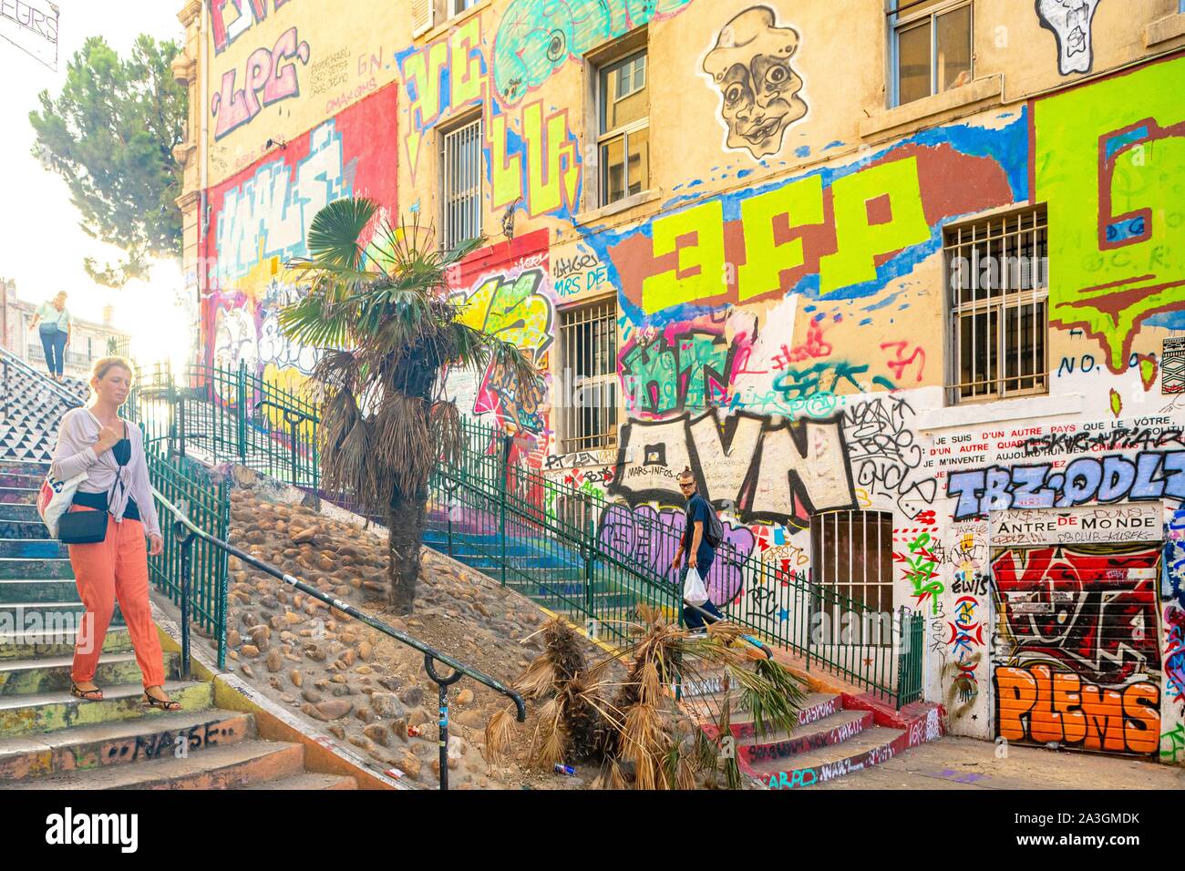 France, Bouches du Rhône, Marseille, le cours Julien escalier, Street Art avec tagg et graffiti Banque D'Images