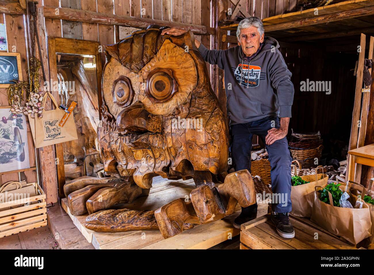 La Suède, dans le comté de Vastra Sweden Hokerum Ulricehamn, hameau, Rochat rapport sur la famille, le père de Patrick Peter a fait beaucoup de sculptures de bois précieux y compris la Chouette Banque D'Images