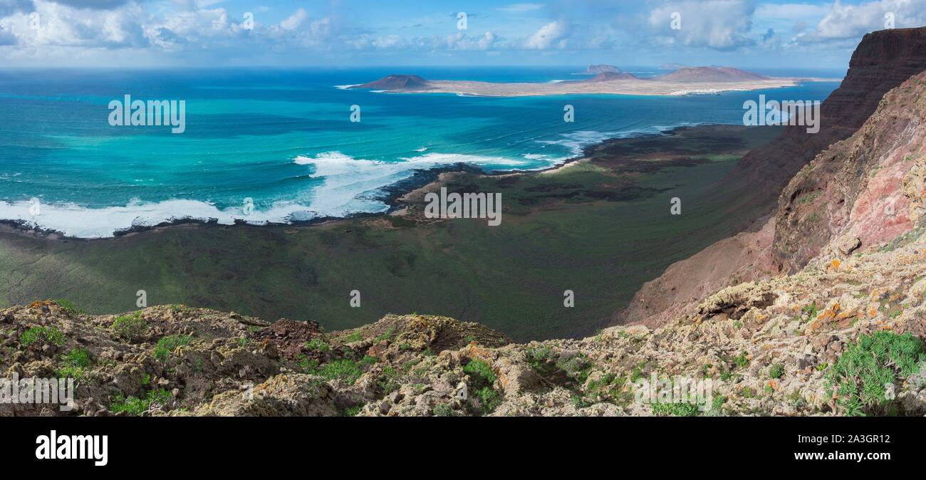 Espagne, Canaries, l'île de Lanzarote, l'île de Graciosa vu du Mirador de Guinate Banque D'Images