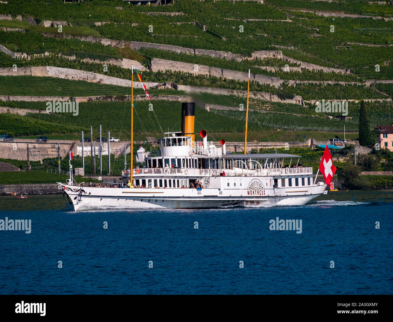 Paddlle steamer SS Vevey' construit 1904 propriété de Compagnie Générale de Navigation sur le Lac Léman (CGN) sur le Lac Léman Banque D'Images