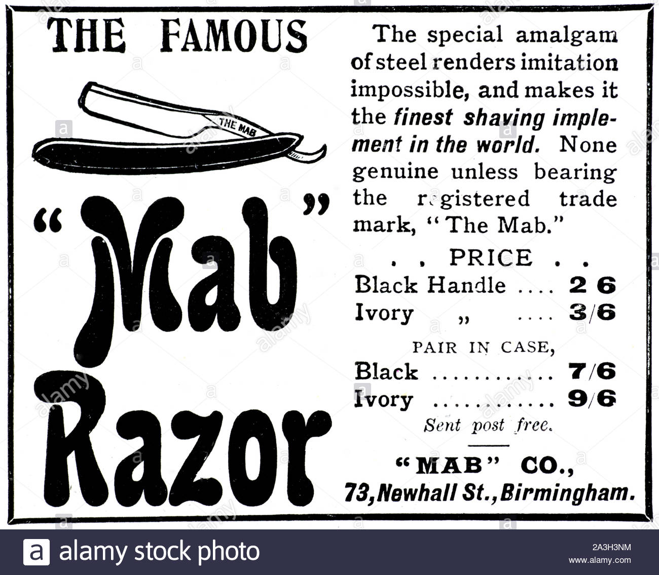 L'époque victorienne, le fameux rasoir Mab, vintage advertising à partir de 1899 Banque D'Images
