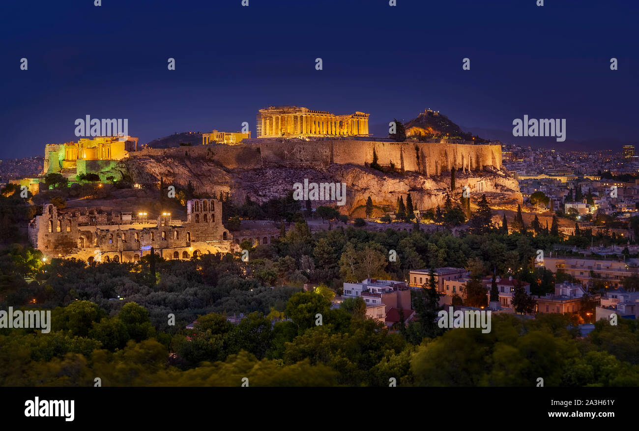 Vue panoramique de l'acropole, la colline filopappou Athènes Banque D'Images