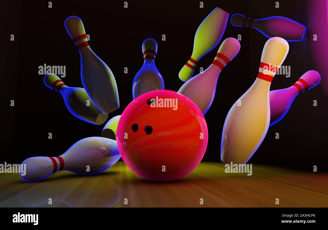 Bowling strike avec néon et les broches à billes Banque D'Images