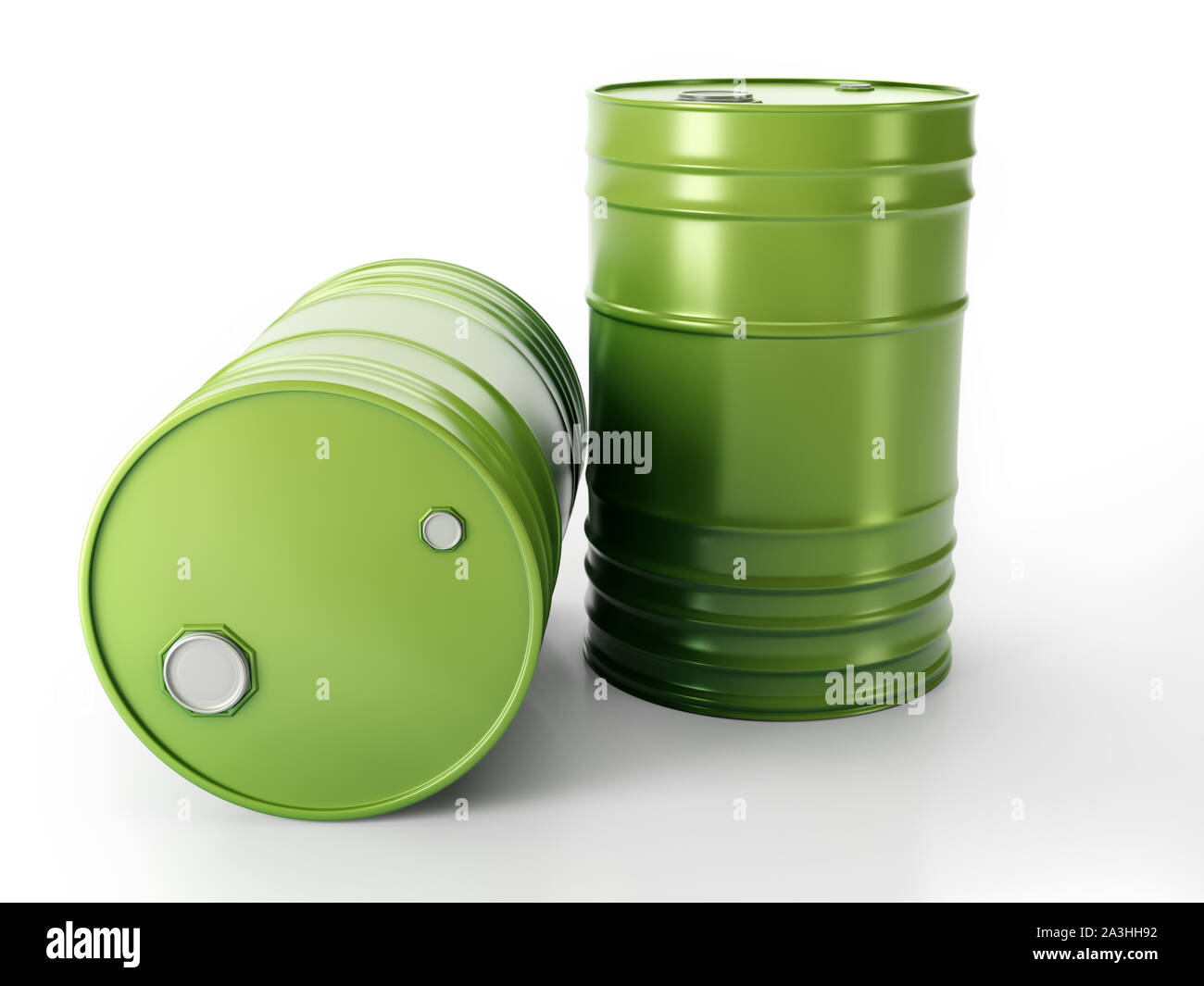 3D render of deux barils de métal vert sur fond blanc Banque D'Images