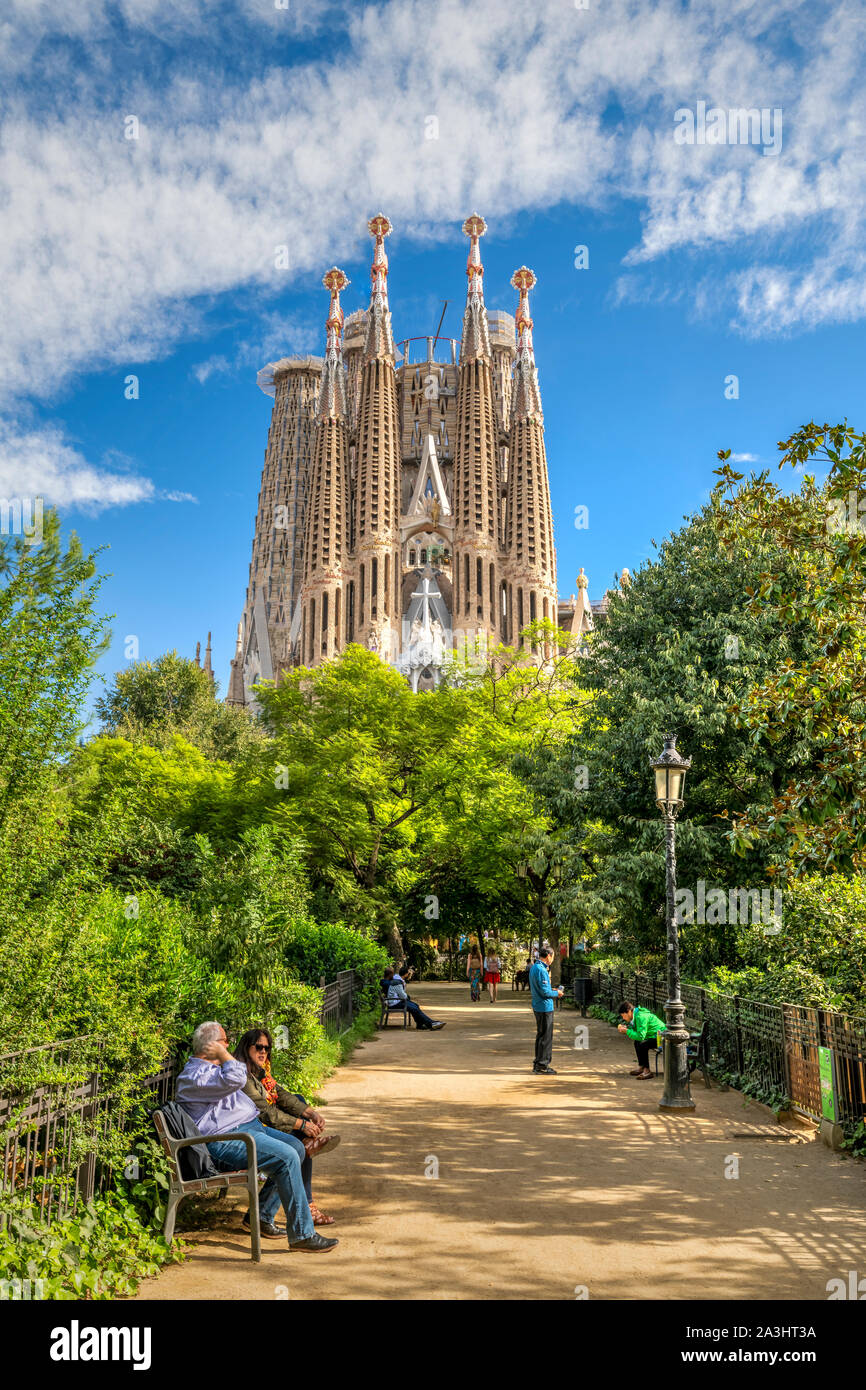 Façade de la Passion de La Sagrada Familia, église basilique de Barcelone, Catalogne, Espagne Banque D'Images