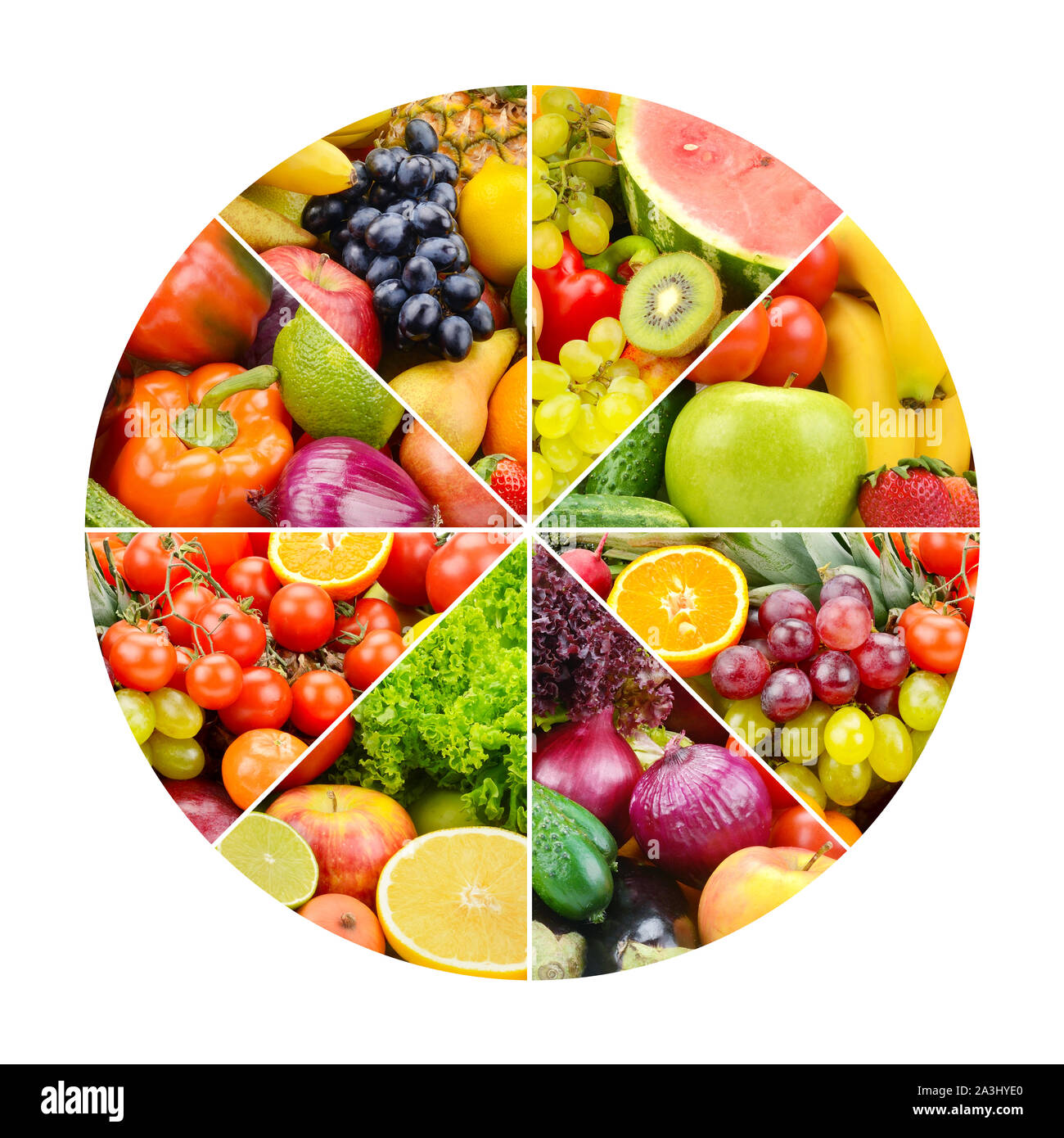 Des fruits et légumes dans le cadre rond sur fond blanc. Banque D'Images