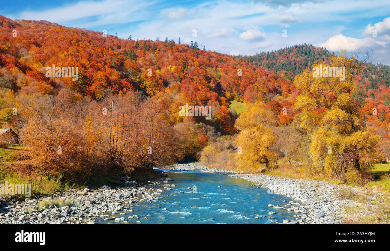 Paysage panoramique brillant de la vallée de la rivière de montagne. Banque D'Images