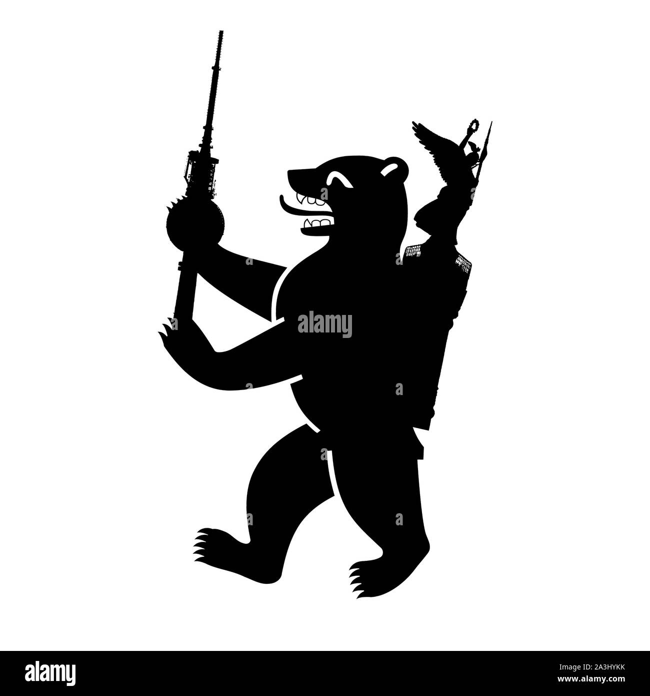 Ours de Berlin Holding La tour de télévision et le port de la colonne de la victoire comme un sac à dos, noir et blanc Illustration Banque D'Images