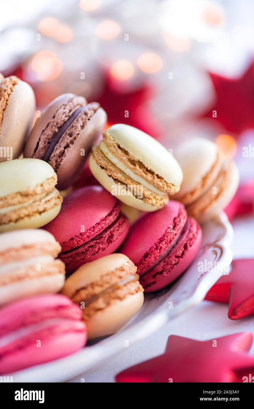 Macarons pour Noël selective focus macro texte sur lay Banque D'Images