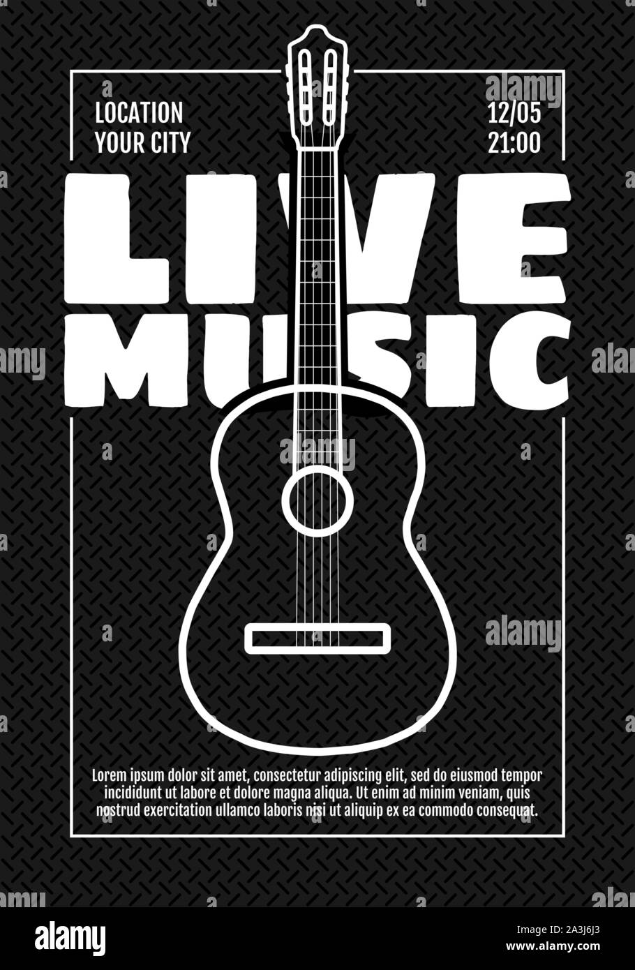 Modèle d'affiche ou de prospectus d'invitation pour les festivals de musique. Guitare classique acoustique sur fond noir. Concert de fête musicale. Illustration du vecteur d'événement de destination format A3 A4 Illustration de Vecteur