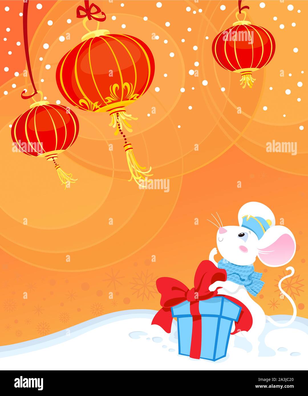 Curiosité rat blanc ou Mause et lanternes chinoises. Carte de Nouvel An Illustration de Vecteur