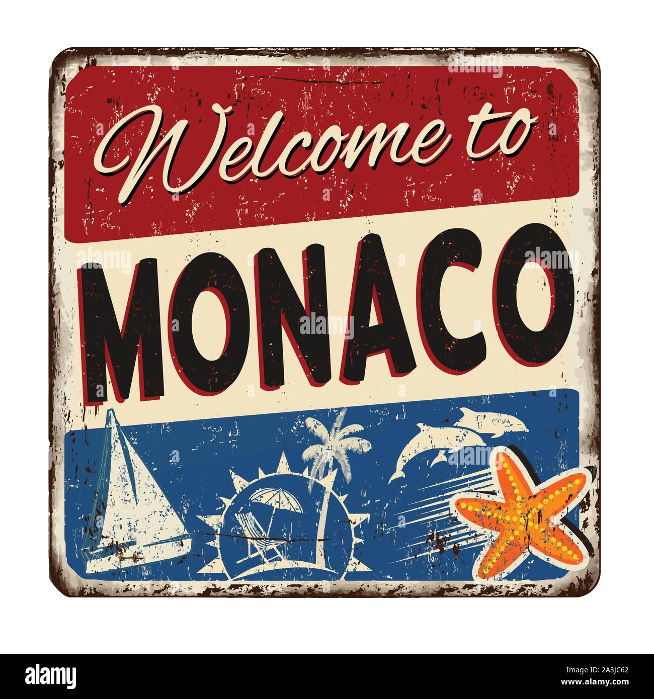 Bienvenue à Monaco vintage métal rouillé signe sur un fond blanc, vector illustration Illustration de Vecteur
