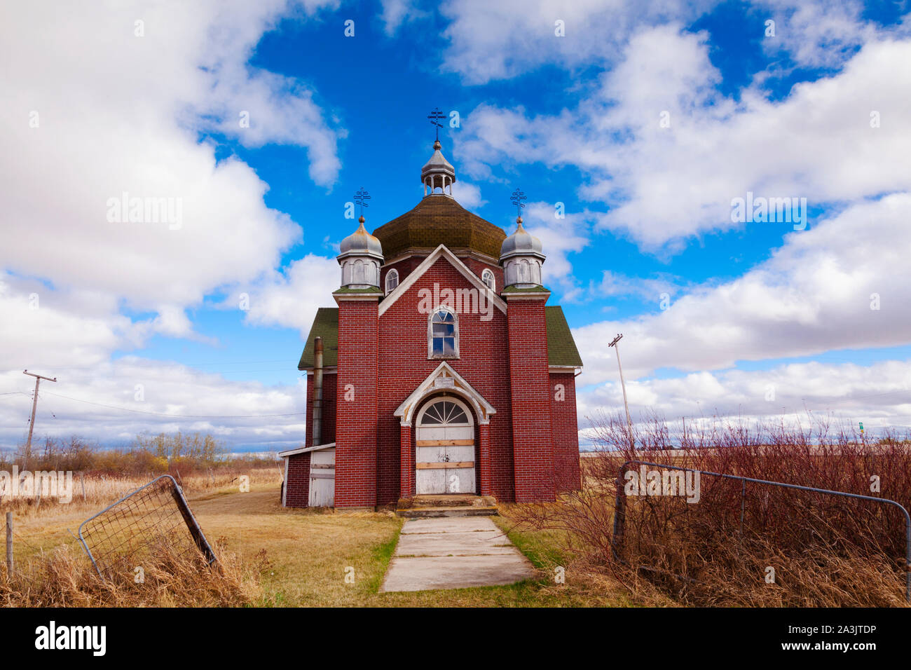 Église abandonnée dans la ville fantôme, Insinger en Saskatchewan, Canada Banque D'Images