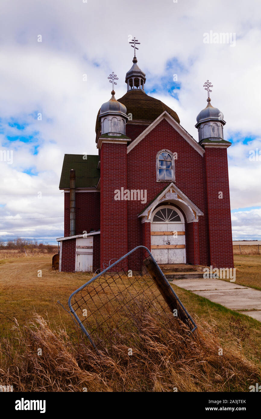 Église abandonnée dans la ville fantôme, Insinger en Saskatchewan, Canada Banque D'Images