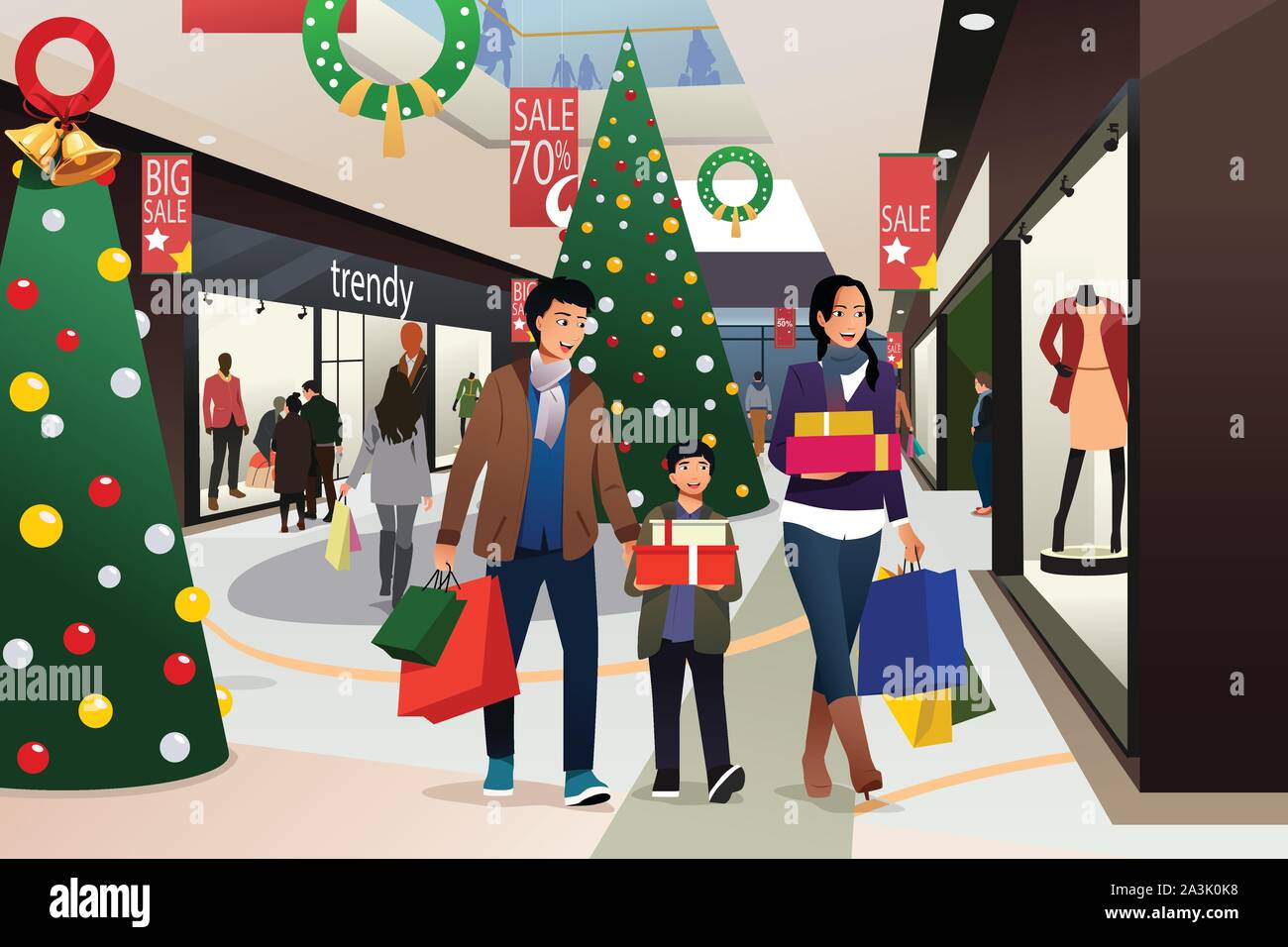 Un vecteur illustration de l'Asian Family Going Shopping à Noël Illustration de Vecteur