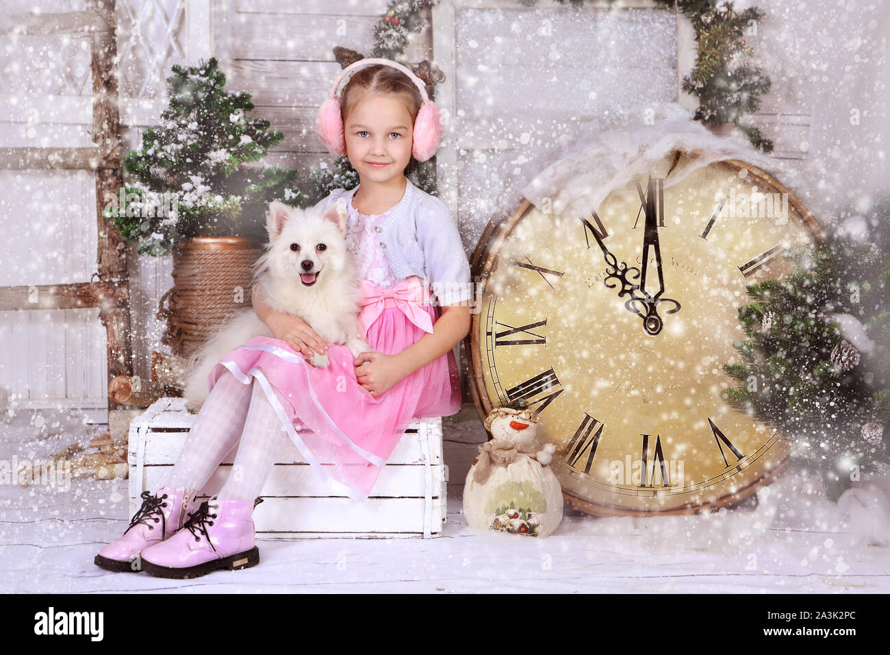 Fille avec un chien blanc dans l'intérieur du Nouvel An Banque D'Images