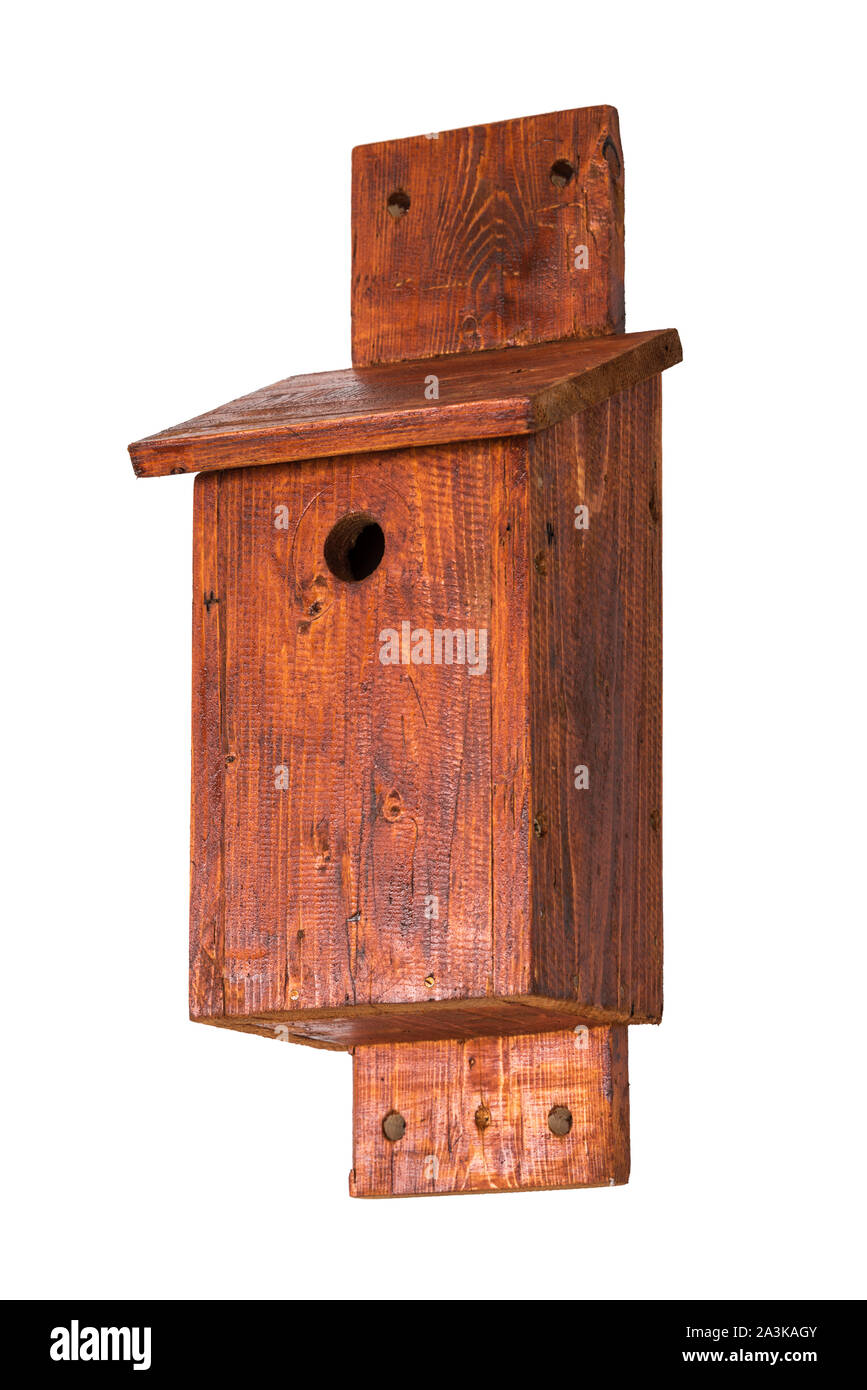 La main d'un nichoir pour les oiseaux de petite taille isolé sur fond blanc vue basse côté Banque D'Images