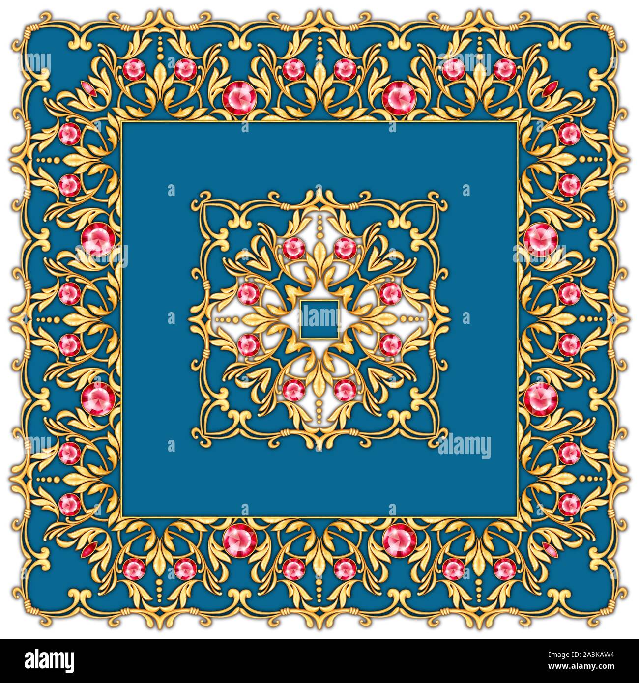 La composition carrée avec feuilles et rouleaux d'or Banque D'Images