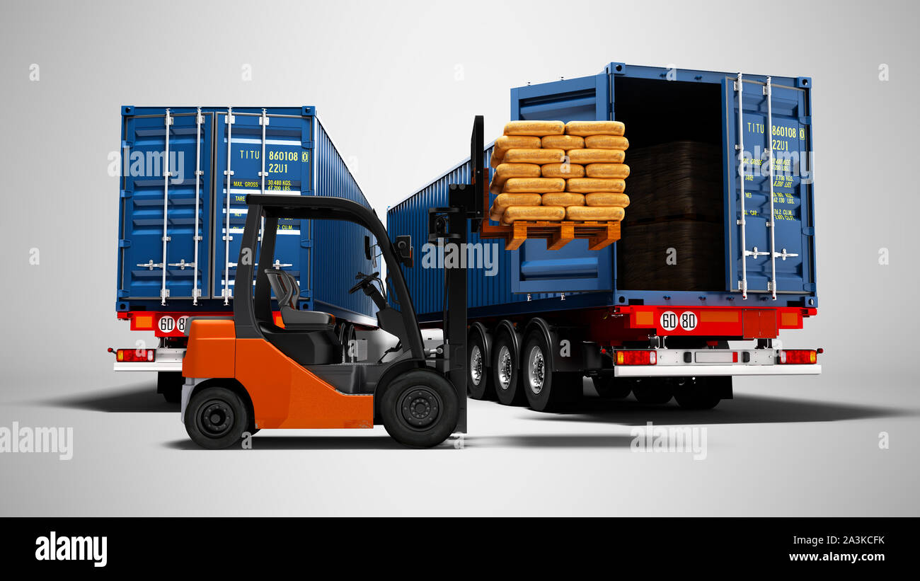 Le transport, l'emballage l'emballage, la logistique de stockage et le  concept de chargement et déchargement de marchandises, deux camions avec  des matériaux de construction et de chariot élévateur avec p Photo Stock -