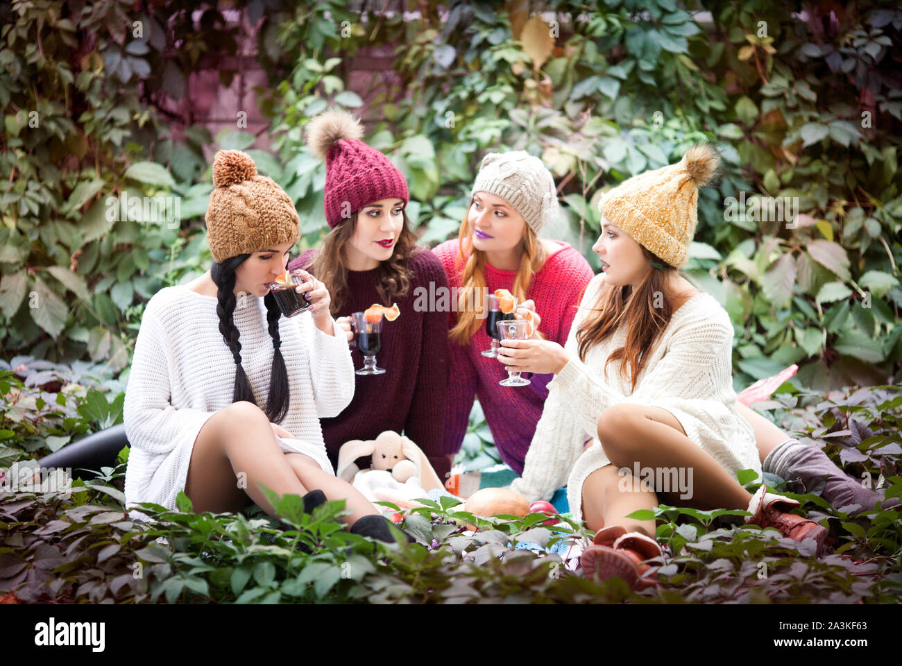 Quatre femmes meilleurs amis à un pique-nique dans le parc de boire du vin. Banque D'Images
