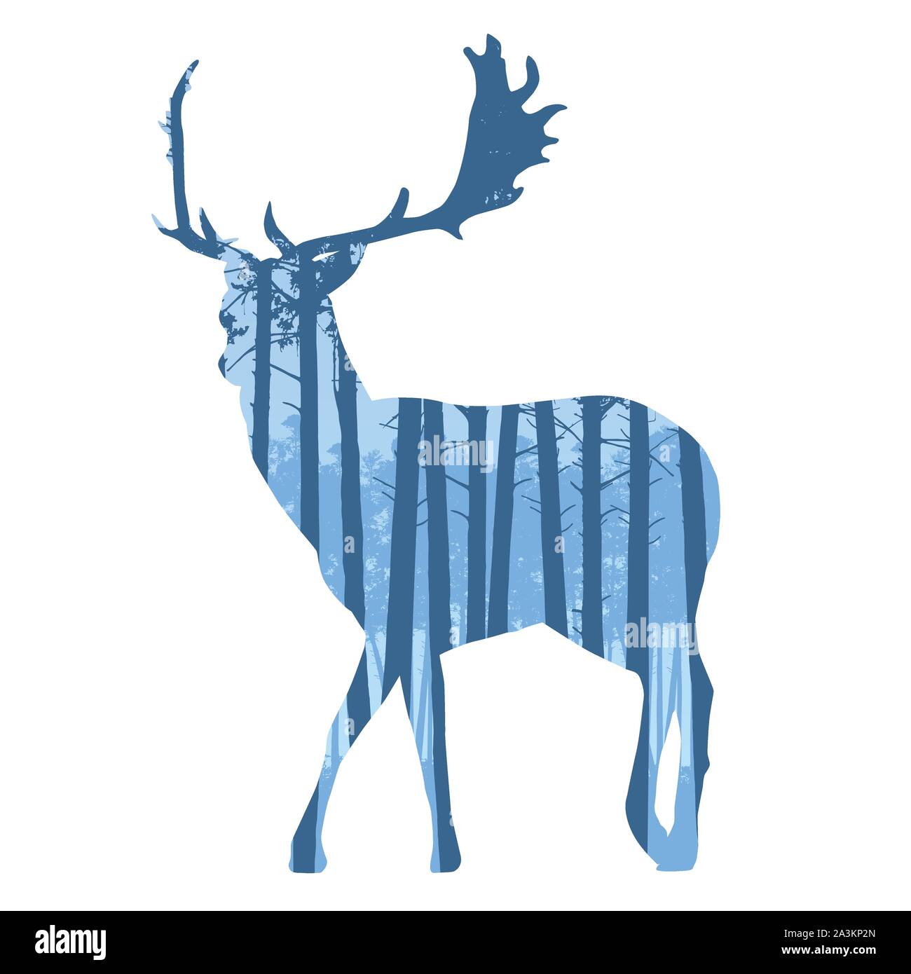 Illustration réaliste de silhouettes de cerfs avec bois. La forêt de conifères avec ciel bleu - vector Illustration de Vecteur