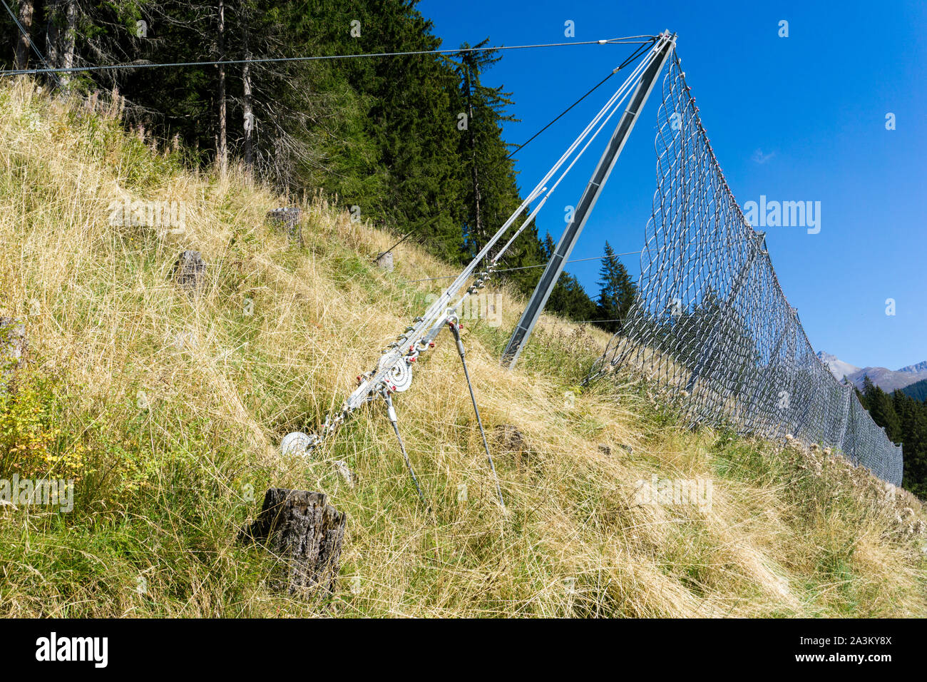 Vue détaillée de la chute de roches solides filets de sécurité conçu pour protéger les routes et circulation Banque D'Images