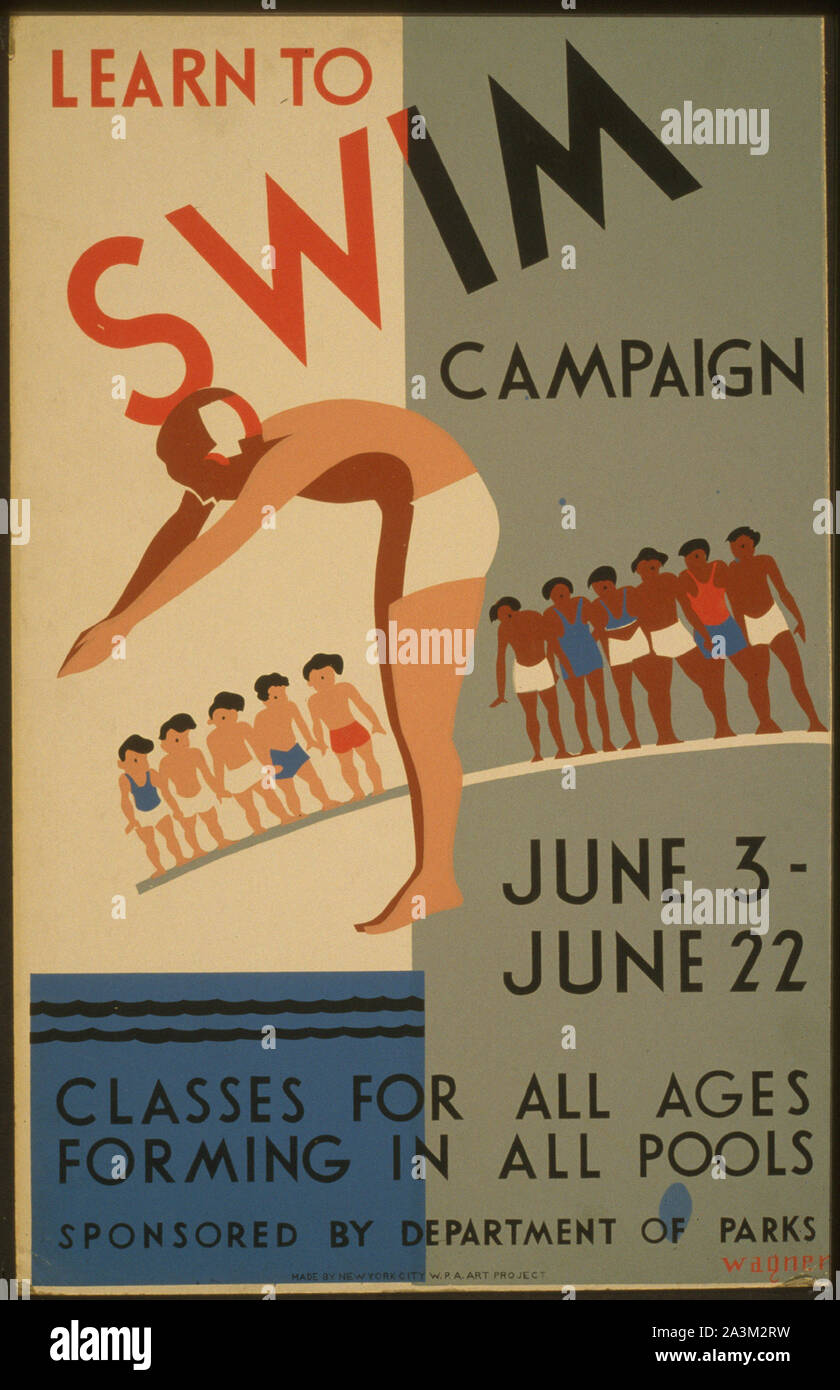 Apprendre à nager - Campagne d'avancement des travaux de l'Administration - Projet d'art fédéral - Vintage poster Banque D'Images