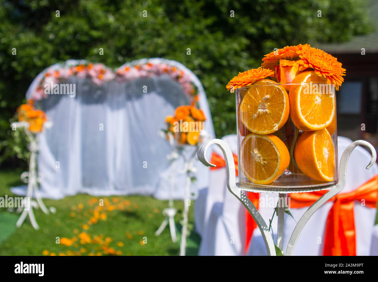 Décoration de mariage coloré avec des oranges et des gerberas Banque D'Images Décoration de mariage coloré avec des oranges et des gerberas Banque D'Images