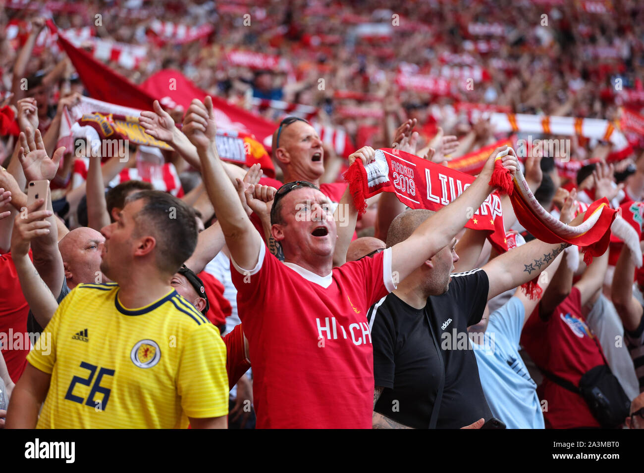 MADRID, ESPAGNE - 01 juin 2019 : Liverpools fans en photo lors de la finale de la finale de la Ligue des Champions 2019-2020. Banque D'Images