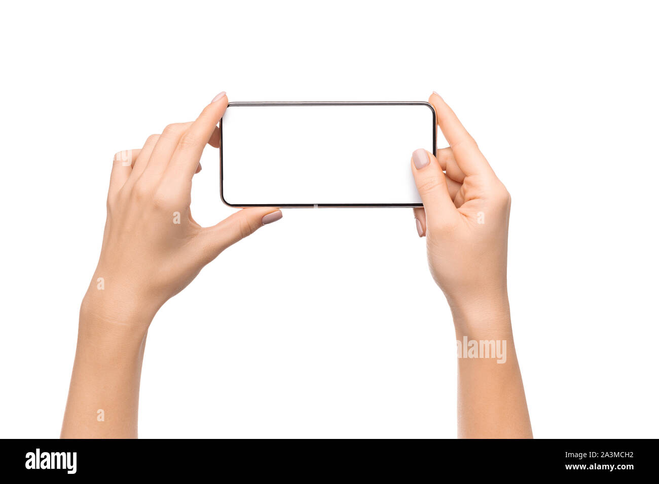 Les mains des femmes de prendre photo sur smartphone Avec écran vide Banque D'Images