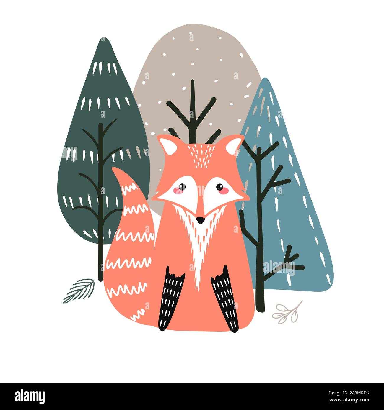 Cute fox sur un fond d'arbres. Illustration à la main dans un style scandinave. Illustration de Vecteur