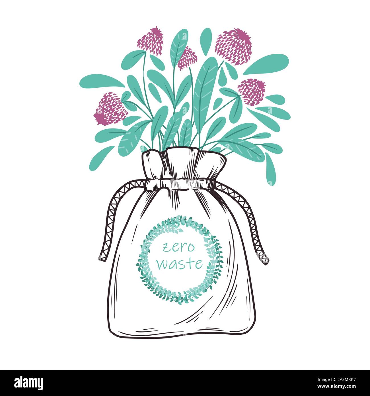 Sac écologique de lin avec des greens. Zéro déchets. Vector illustration. Illustration de Vecteur