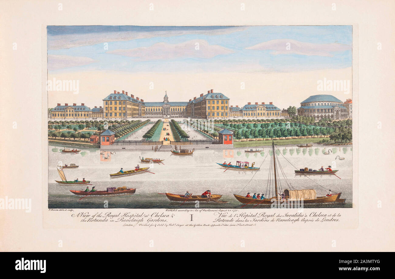 Une vue de l'Hôpital Royal de Chelsea et la Rotonde dans Ranelaigh Gardens, Londres, Angleterre. Après l'impression du travail de 1751 par Thomas Bowles. Publié par Robert Sayer. La colorisation plus tard. Banque D'Images
