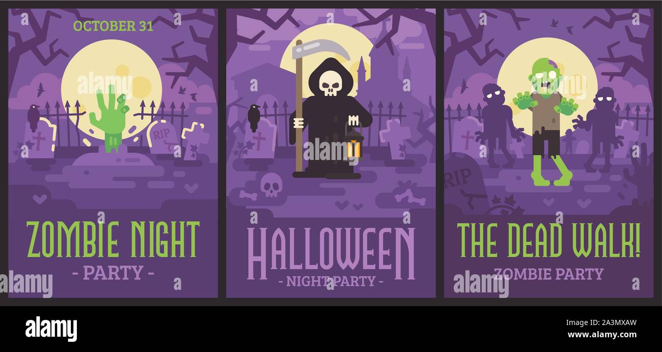 Trois affiches Halloween avec cimetière scènes. Flyers Halloween avec des zombies et Grim Reaper Illustration de Vecteur