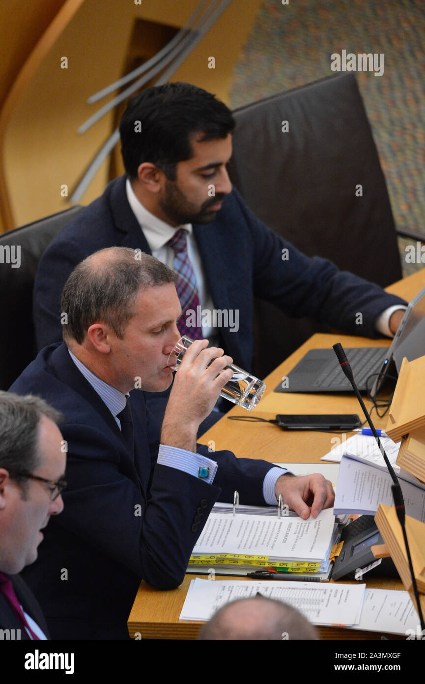 Edinburgh, Royaume-Uni. 9 octobre 2019. Sur la photo : (haut-bas) Humza Yousaf MSP - Secrétaire du Cabinet de la Justice ; Michael Matheson MSP - Secrétaire de cabinet pour le transport, l'infrastructure et de connectivité ; Paul timonerie MSP - Le ministre de l'énergie. Crédit : Colin Fisher/Alamy Live News Banque D'Images