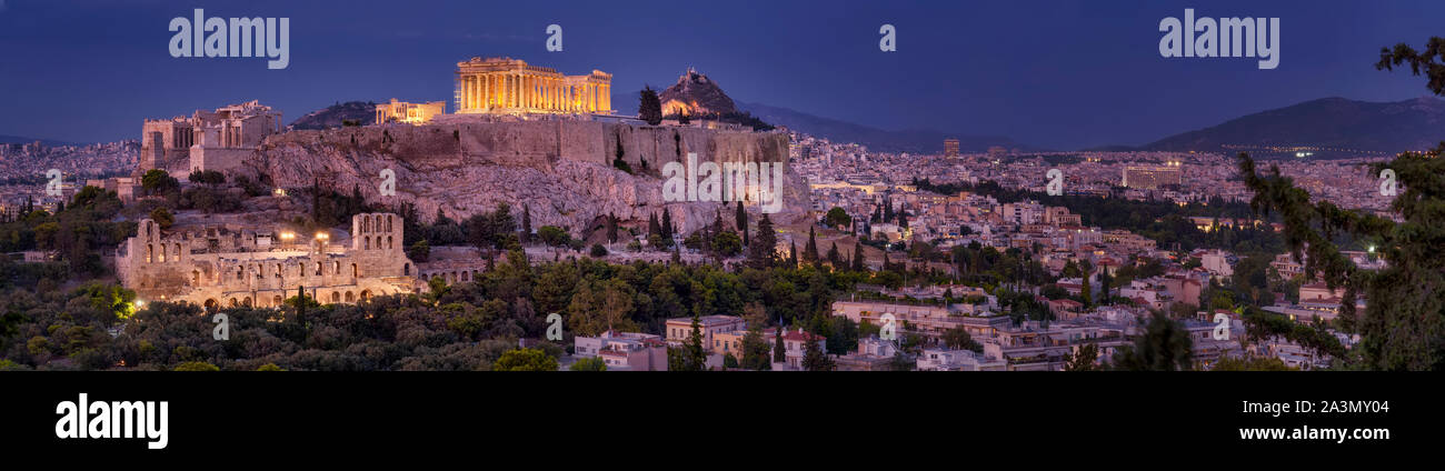 Vue panoramique de l'acropole, la colline filopappou Athènes Banque D'Images