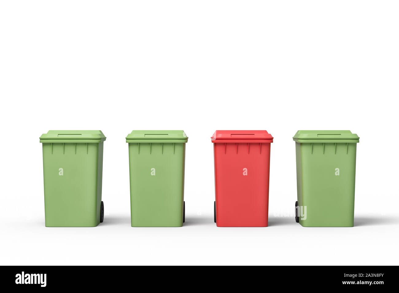 Le rendu 3d de trois vert et un rouge poubelles Banque D'Images