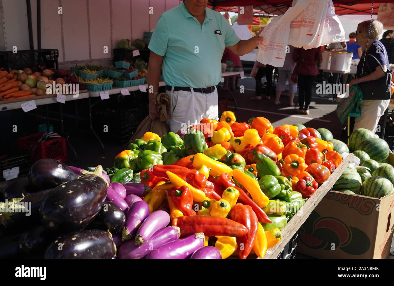 Chantilly, VA / USA - 19 septembre 2019 : des poivrons multicolores et d'aubergines au marché des fermiers de la Communauté Chantilly Foodworks Banque D'Images