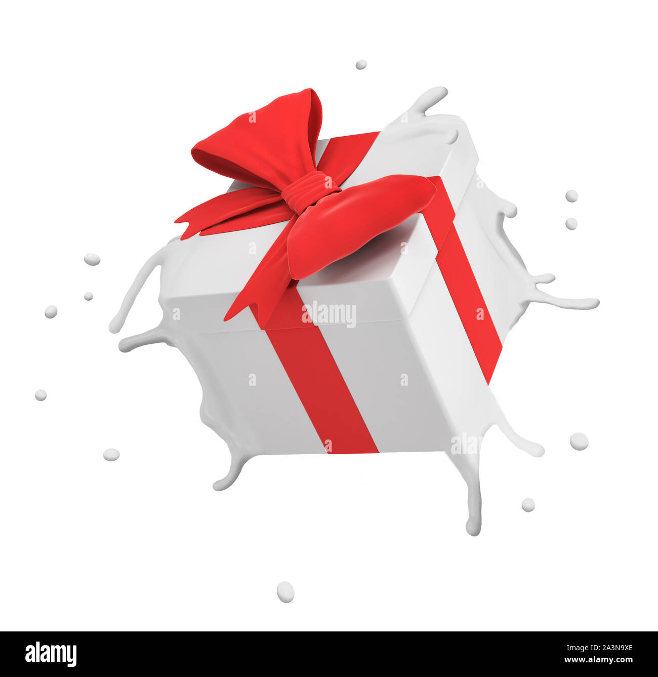 Le rendu 3D de boîte-cadeau blanche avec ruban rouge éclaboussures isolé sur fond blanc Banque D'Images