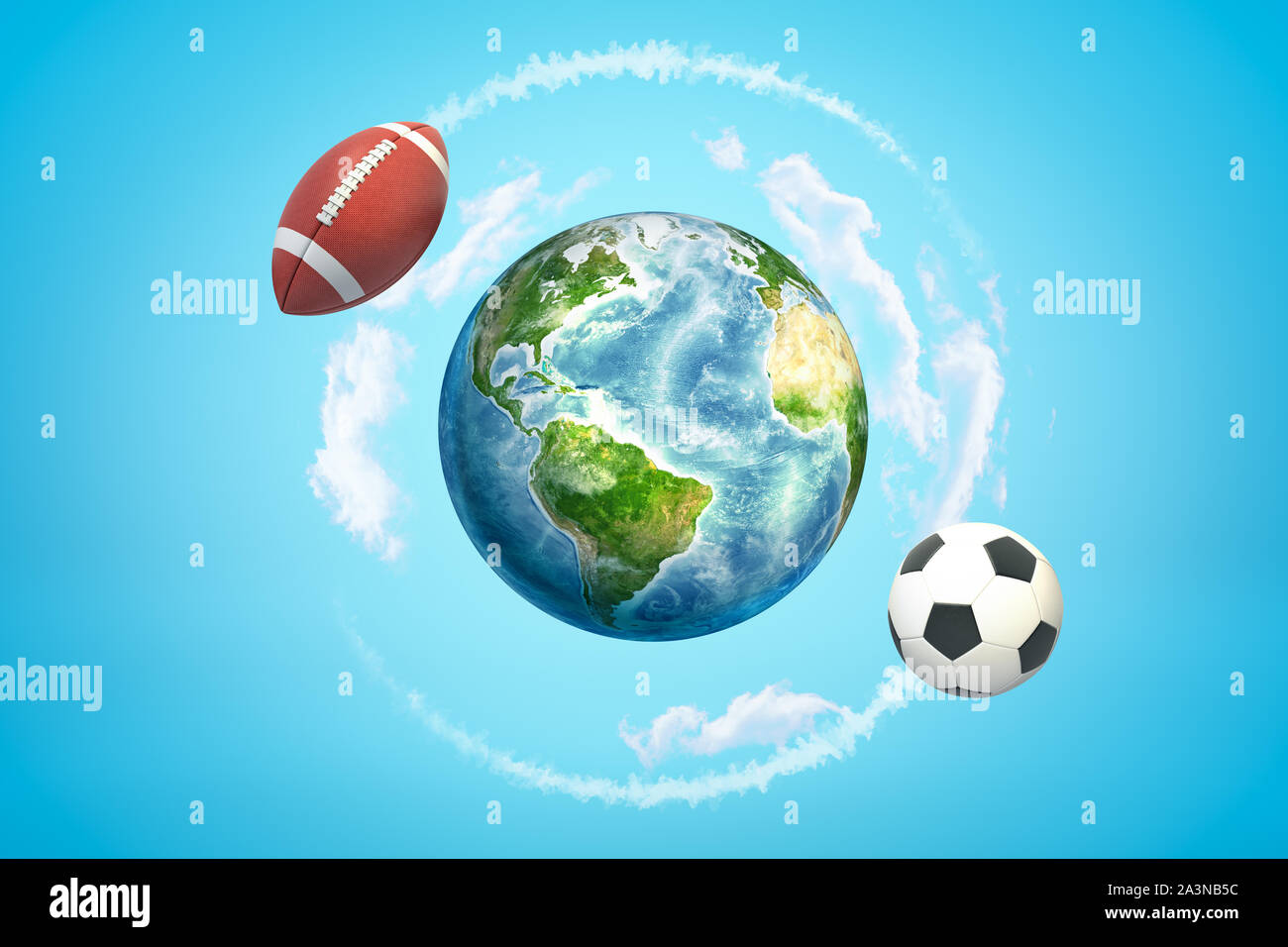 Le rendu 3D de football américain brown ball ballon de soccer et voler autour du globe de la terre sur fond bleu Banque D'Images