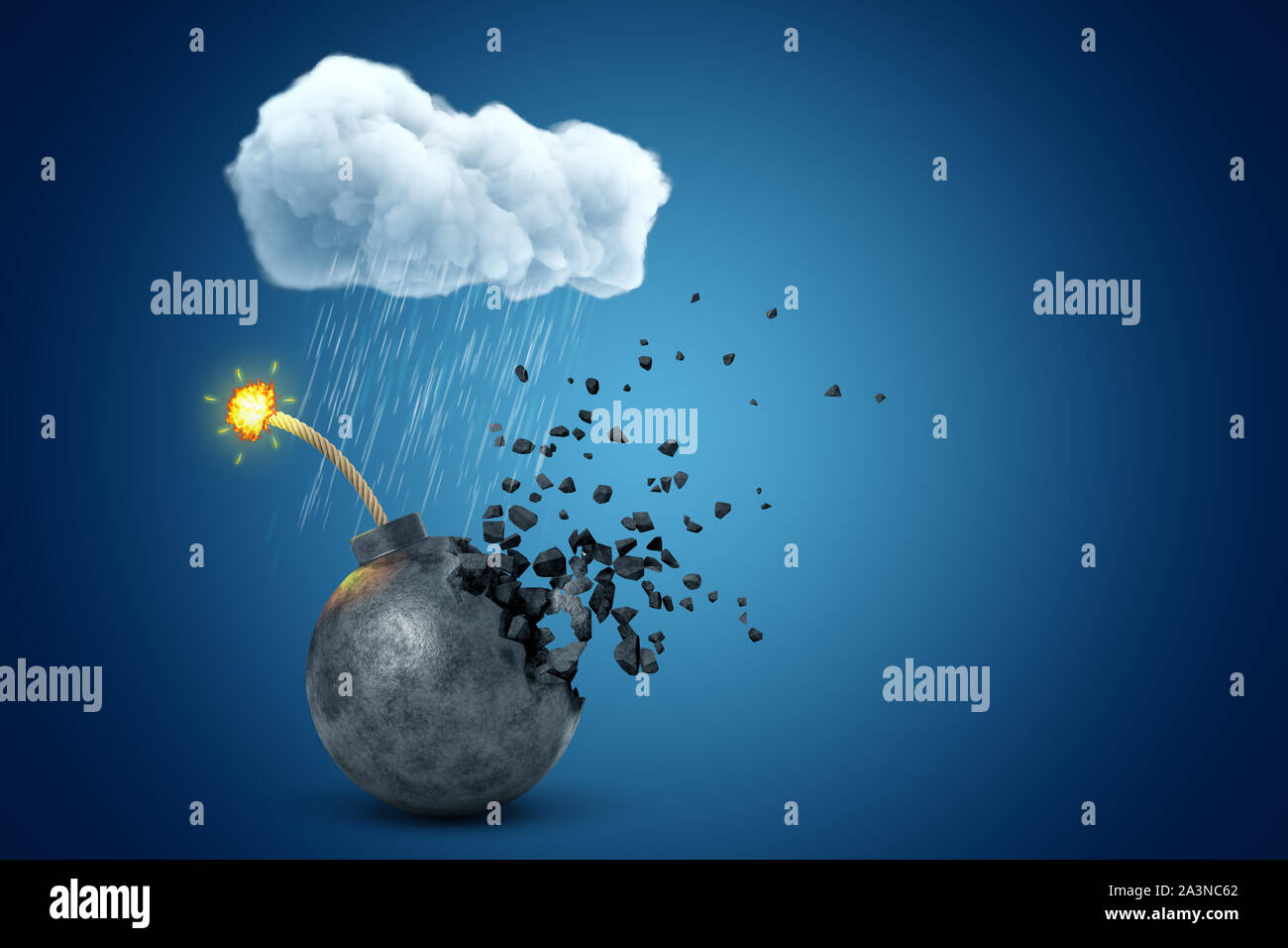 Le rendu 3D de ballon noir bombe avec fusible, brûlant de se désintégrer en morceaux sous les nuages de pluie sur fond bleu. Banque D'Images