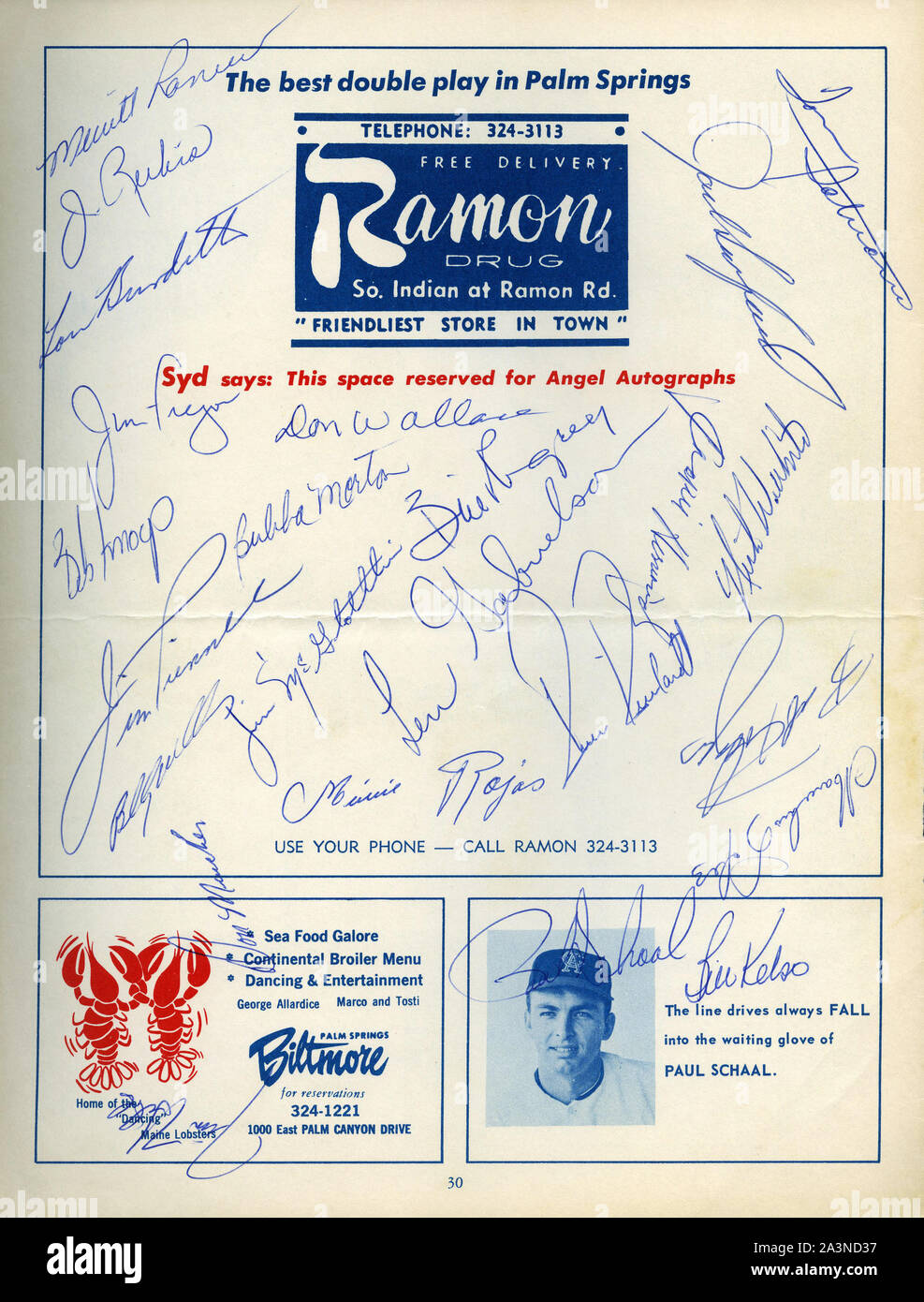 A la fin des années 1960, époque de la formation de printemps programme de base-ball de Palm Springs, CA avec des autographes de la California Angels joueurs. Banque D'Images