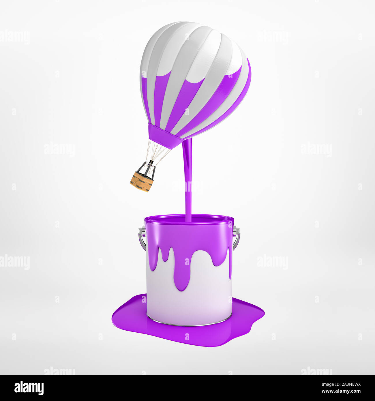 Le rendu 3D de ballon à air chaud qui a été trempé dans la peinture mauve et flotte dans l'air avec des demi-bandes de couleur, de peinture dégoulinant, sur la lumière Banque D'Images