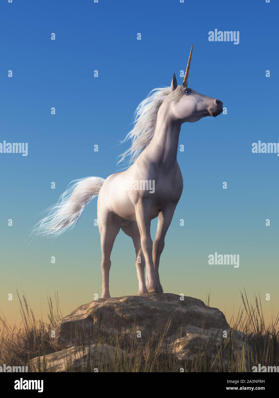 L'unicorn mythologique se tient au sommet d'un rocher, le cheval le plus fier, sa corne en spirale vers le ciel dans cette scène équine de fantaisie. Le Rendu 3D Banque D'Images